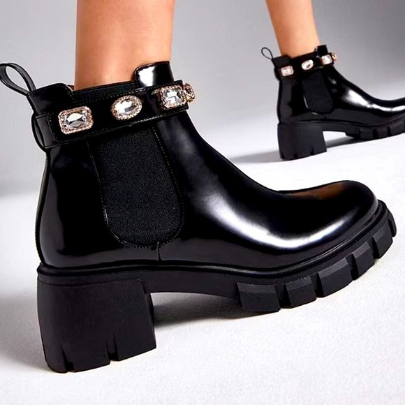 Steve Madden Shoes - Amulet Jewel Embellished Lug Sole Chunky Block Heel Combat Platform Booties-NEW
